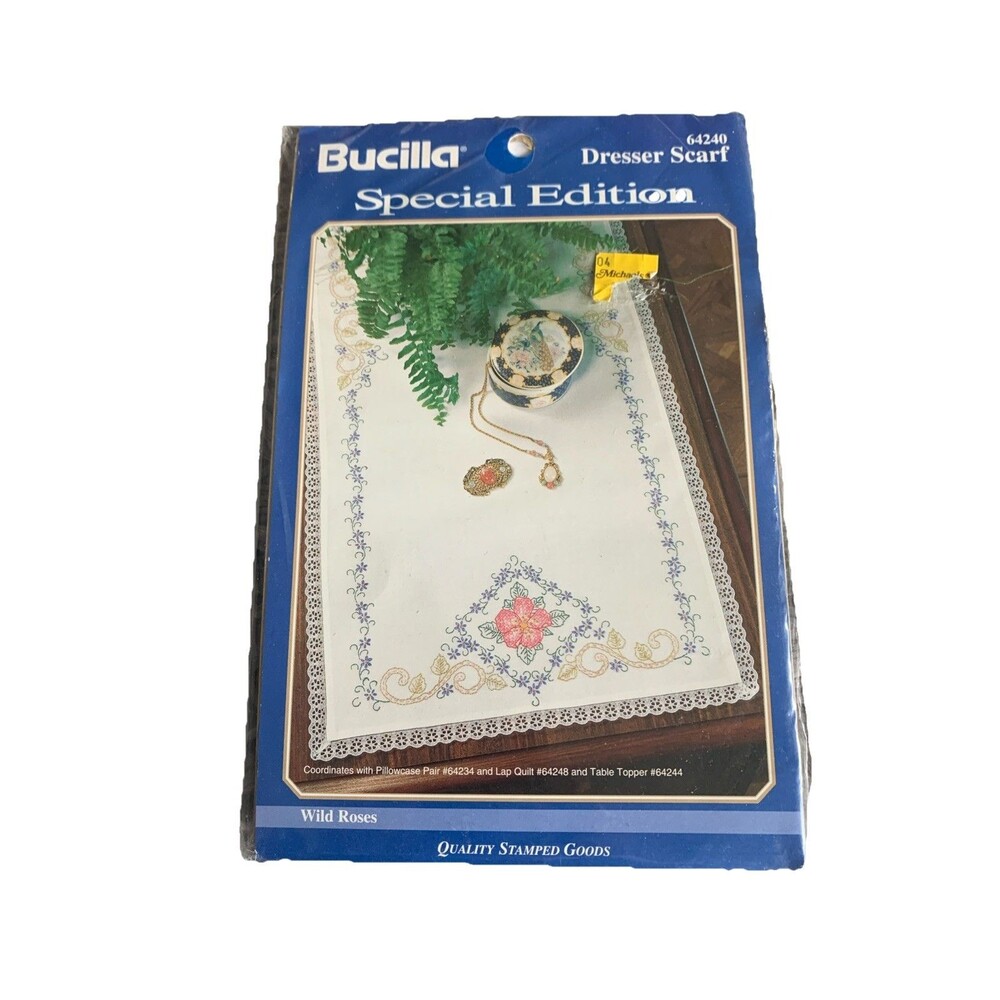 VTG 1999 Bucilla Dresser Scarf Kit #64240 Wild Roses W/ Lace Special Edition New